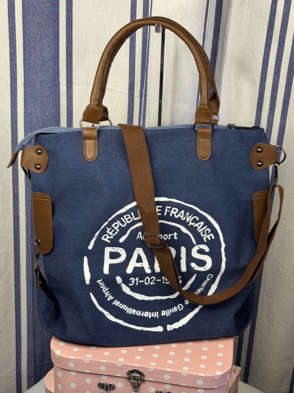 Paris Republique Large Canvas Stamped Messenger Bag with Vegan Leather Accents - Picture 3 of 11